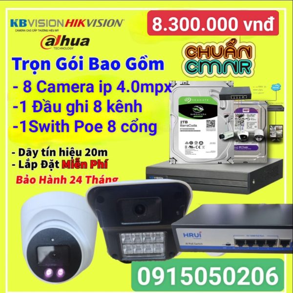 Trọn bộ  8 camera  4.0mpx  2K