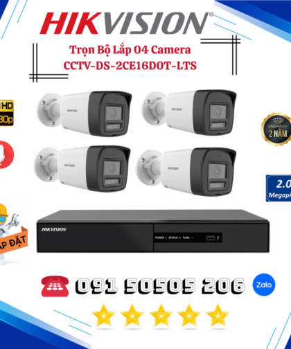 🎯 TRỌN BỘ 04 CAMERA THÂN TVI FULL COLOR 2.0MP CCTV-DS-2CE16D0T-LTS  HÌNH ẢNH SẮC NÉT – THU ÂM CHUẨN XÁC – GIÁM SÁT TOÀN DIỆN NGOÀI TRỜI