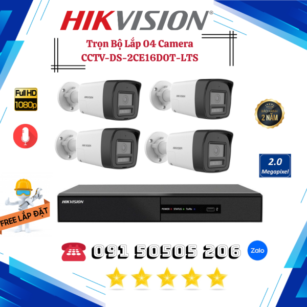 🎯 TRỌN BỘ 04 CAMERA THÂN TVI FULL COLOR 2.0MP CCTV-DS-2CE16D0T-LTS  HÌNH ẢNH SẮC NÉT – THU ÂM CHUẨN XÁC – GIÁM SÁT TOÀN DIỆN NGOÀI TRỜI