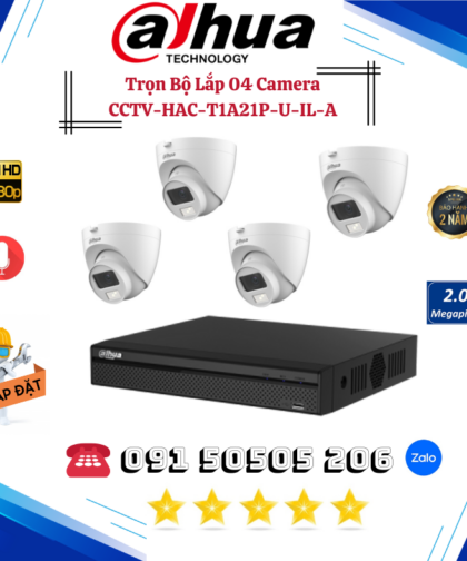 🎯 TRỌN GÓI 04 CAMERA DAHUA DOME HDCVI FULL COLOR 2.0MP CCTV-HAC-T1A21P-U-IL-A HÌNH ẢNH CÓ MÀU BAN ĐÊM – THU ÂM RÕ – GIÁM SÁT TOÀN DIỆN TRONG NHÀ
