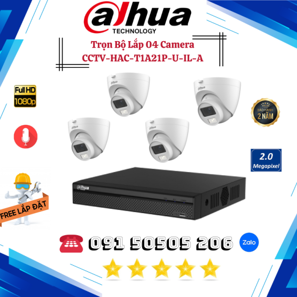 🎯 TRỌN GÓI 04 CAMERA DAHUA DOME HDCVI FULL COLOR 2.0MP CCTV-HAC-T1A21P-U-IL-A HÌNH ẢNH CÓ MÀU BAN ĐÊM – THU ÂM RÕ – GIÁM SÁT TOÀN DIỆN TRONG NHÀ