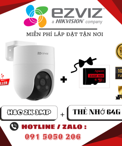 🔐COMBO CAMERA XOAY NGOÀI TRỜI EZVIZ H8C 2K – 3MP – QUAY 360° – HỒNG NGOẠI MÀU – TẶNG KÈM THẺ NHỚ 64GB – LẮP ĐẶT TẬN NƠI