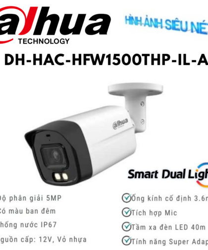 Camera Dahua DH-HAC-HFW1500THP-IL-A 5MP Dual Light, hỗ trợ mic thu âm thanh cực nét